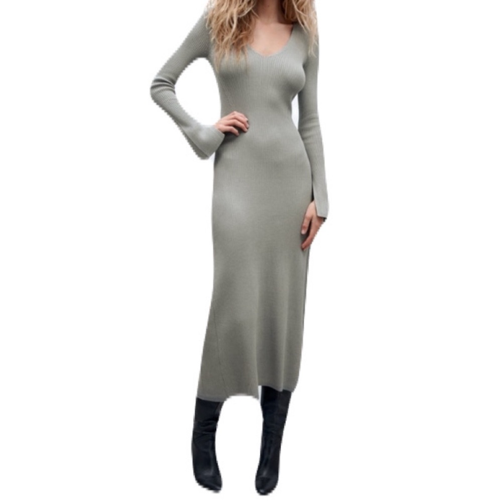 NWT Zara Women’s Small Gray Ribbed Long-Sleeve V Neck Bodycon Maxi Knit Dress